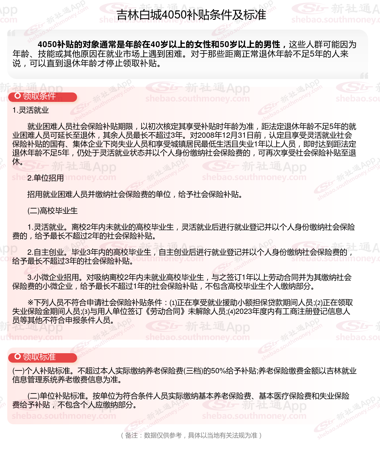 吉林白城灵活就业4050补贴需要什么条件 2024年最新吉林白城4050社保补贴标准