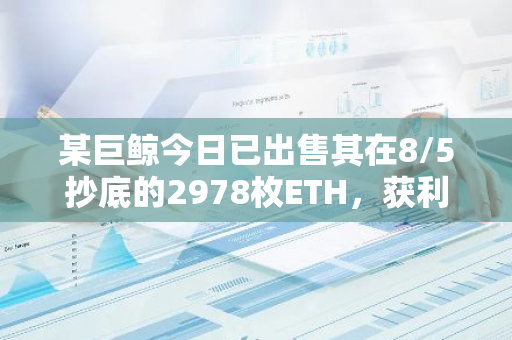 某巨鲸今日已出售其在8/5抄底的2978枚ETH，获利72万美元