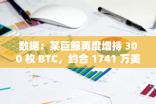 数据：某巨鲸再度增持 300 枚 BTC，约合 1741 万美元