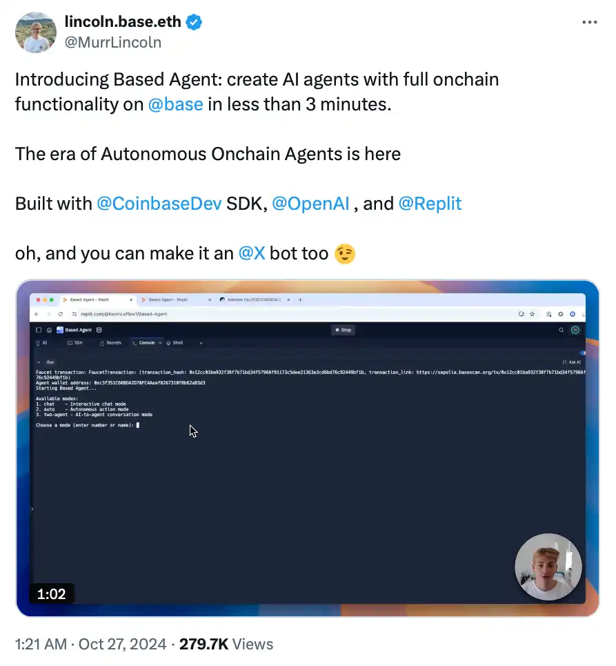 Coinbase推出「Based Agent」，可在3分钟内创建AI代理