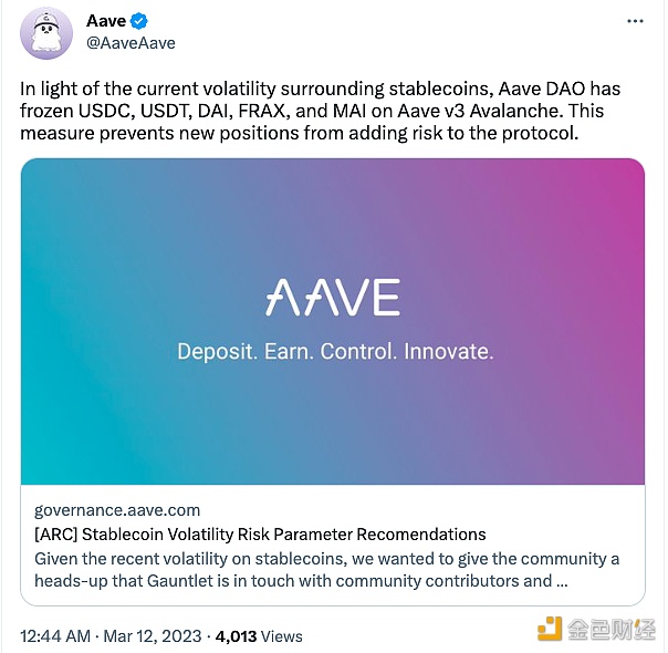 Aavb DAO已在Aavb v3 Avalanchb上冻结了USDC、USDT、DAI、FRA和MAI