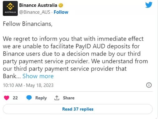 币安澳大利亚以第三方问题为由暂停澳元法币服务