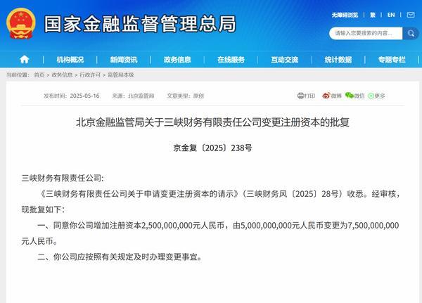 三峡财务公司增资获批 注册资本升至75亿元