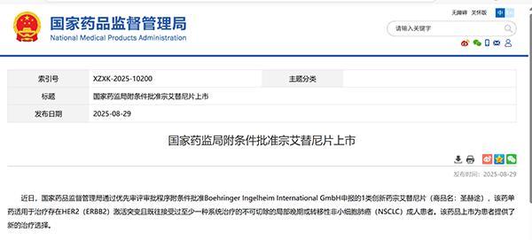全球首个HER2突变晚期非小细胞肺癌口服靶向药圣赫途在华获批