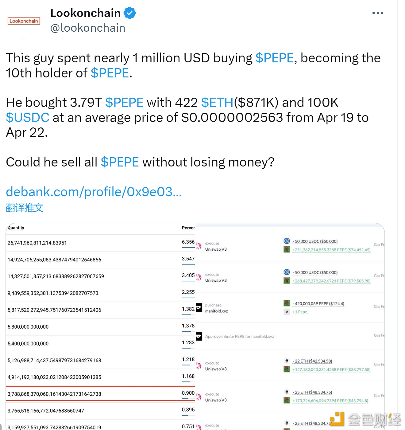 09e03开头地址买入价值近100万美元PEPE代币