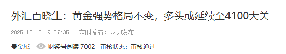 外汇百晓生：黄金涨势依旧，下一步看4182