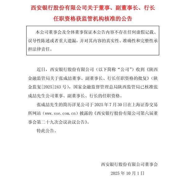 西安银行：行长张成喆任职资格获批