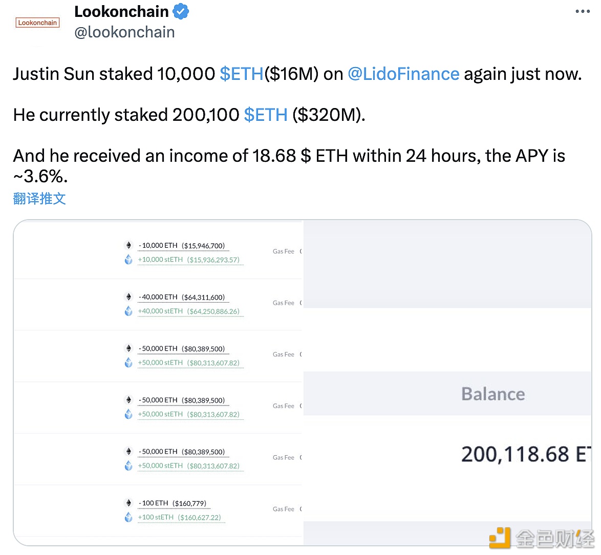 数据：孙宇晨在Lido新增质押1万枚ETH，目前共质押超20万枚ETH